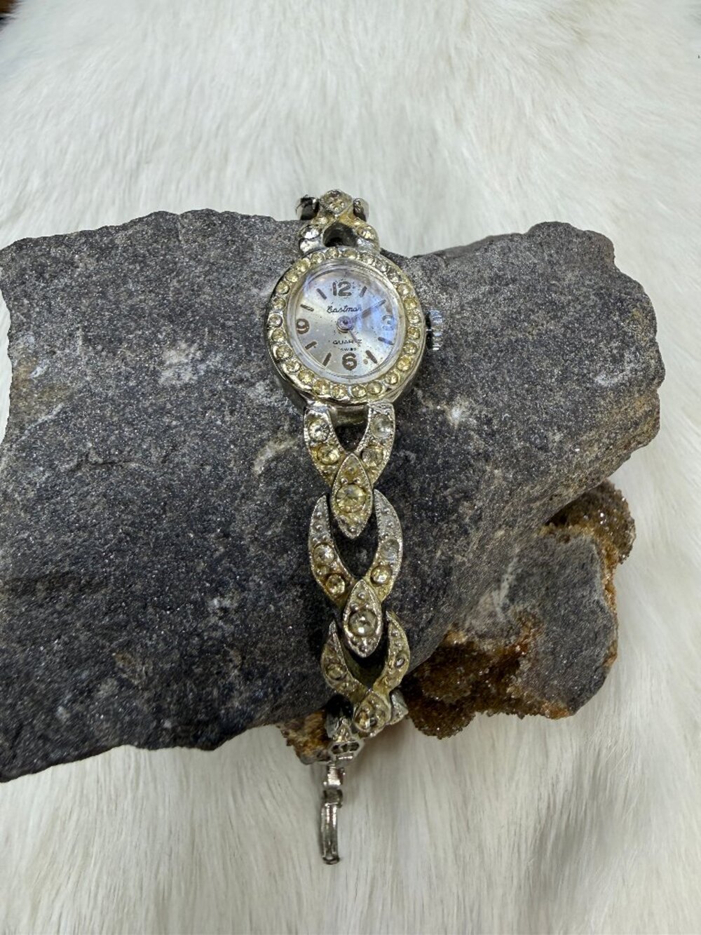 Vintage Eastman Silver Tone Rhinestone Watch Quartz FOR REPAIR